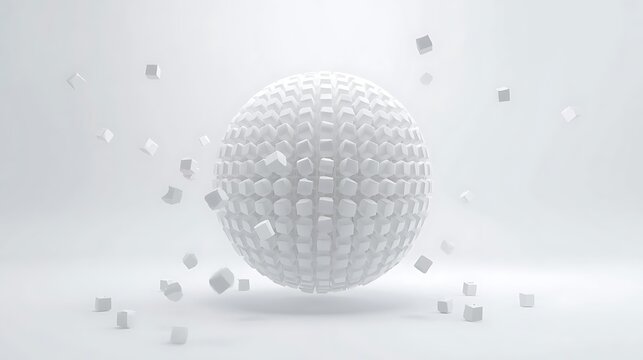 A white sphere composed of small cubes, with scattered cubes floating around it on a white background.