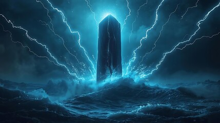 A colossal, glowing blue monolith emerges from turbulent, stormy seas, crackling with intense lightning strikes.