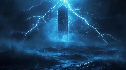 A colossal dark monolith stands amidst a stormy sea, illuminated by intense blue lightning strikes.