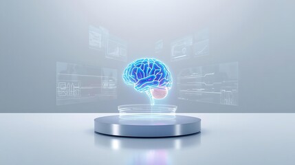 A glowing blue holographic brain projection floats above a sleek metallic pedestal, symbolizing advanced neuroscience and artificial intelligence.