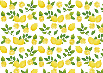 水彩風 レモンのパターン（葉っぱ多め）Winter Fruits Series:Watercolor lemon pattern (lots of leaves)