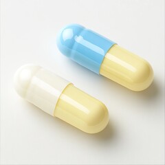 Two pills one blue-yellow, one white-yellow, on white