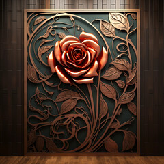 Luxurious 3D Metallic Copper Rose Bas-Relief Wall Art Panel on a Dark Background