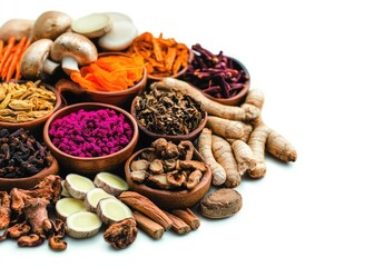 Assorted spices, herbs, & roots in bowls on white