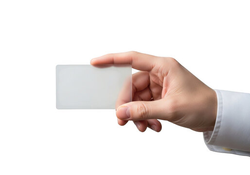 Hand holding a blank white business card with a frosted translucent appearance isolated on transparent background