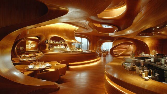 Luxurious wooden restaurant interior, modern design, city view, ambient lighting, fine dining