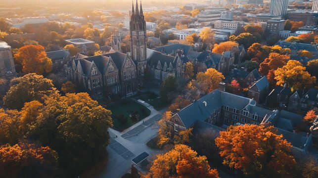 Historic university building and green front campus in toronto
