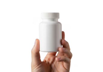 Hand holding a white pill bottle with a light brown cap isolated on transparent background
