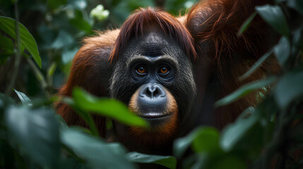 Wild orangutan in lush green jungle foliage