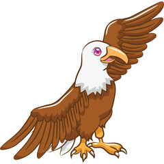 Pixel Art Cartoon Eagle Bird With White Neck Brown Feathers Yellow Beak Standing With One Wing Raised On Transparent Background