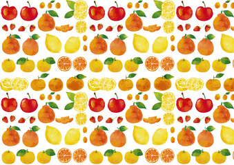 水彩風 冬の柑橘類（リンゴ・イチゴ・ユズ・ミカン・レモン・デコポン・キンカン） パターン Winter Fruits Series:Watercolor winter citrus fruits (apple, strawberry, yuzu, mandarin orange, lemon, dekopon, kumquat) pattern
