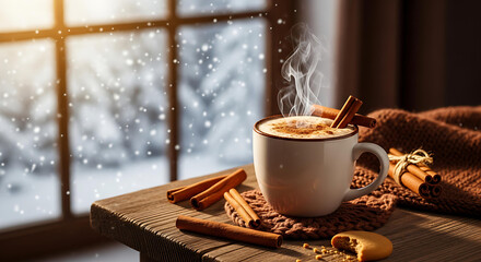 Cozy winter scene with steaming cinnamon latte, evoking warmth and holiday cheer near a snow-filled window, perfect for seasonal promotions or lifestyle content