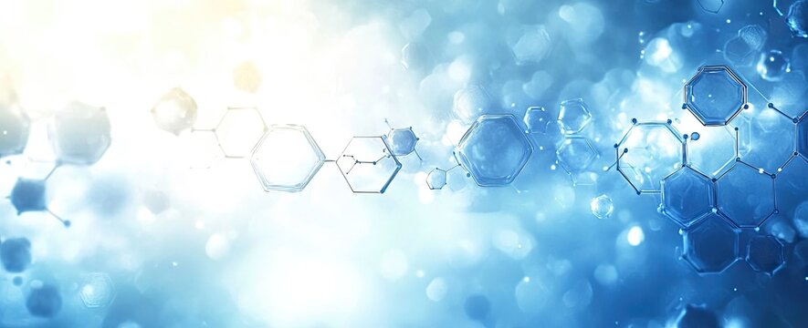 Abstract Blue hexagons, nodes, bright bokeh background
