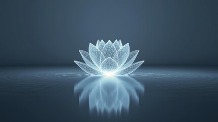 A glowing, ethereal lotus flower floats on calm water, its intricate petals radiating light and casting a reflection.