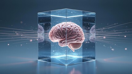 A realistic 3D render of a human brain encased in a glowing blue cube, symbolizing artificial intelligence and advanced technology.