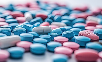 Piled pink and blue pills; one white capsule in center