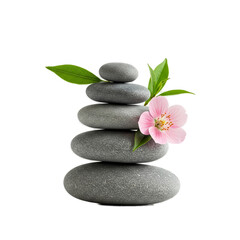 Obraz premium Zen Stacked Gray Stones with Pink Flower and Green Leaves