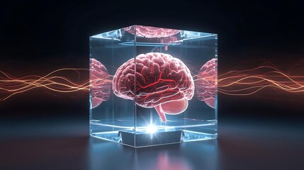 A 3D rendering of a human brain encased in a glass cube with glowing energy waves emanating from behind.