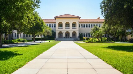 Historic university building with walkway and open campus area on a sunny day