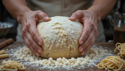 baker kneading dough on table