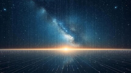 A digital landscape under a starry night sky, with a bright horizon line and reflections on a flat surface.