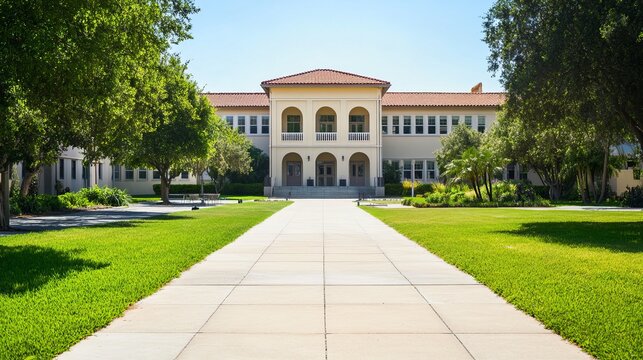 Historic university building with walkway and open campus area on a sunny day