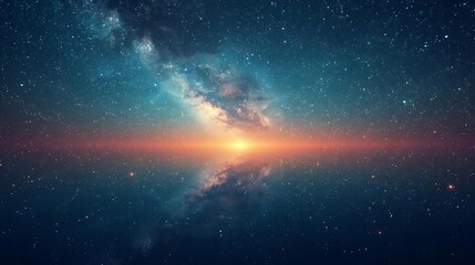 A breathtaking view of a distant galaxy with a bright star at its center, reflected in a calm, dark surface.