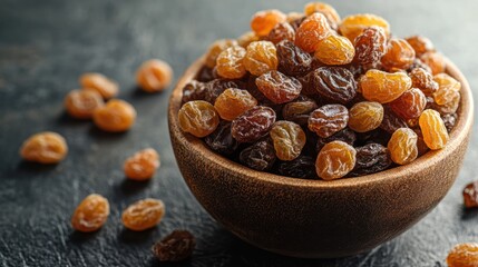 Obraz premium Bowl of mixed dried raisins on dark surface