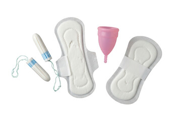 Assortment of feminine hygiene products including pads tampons and menstrual cup isolated on transparent background