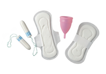 Assortment of feminine hygiene products including pads tampons and menstrual cup isolated on transparent background