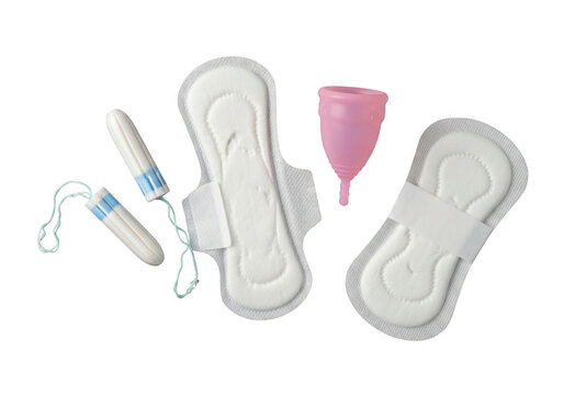 Assortment of feminine hygiene products including pads tampons and menstrual cup isolated on transparent background