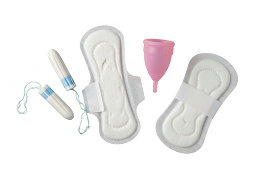 Assortment of feminine hygiene products including pads tampons and menstrual cup isolated on transparent background