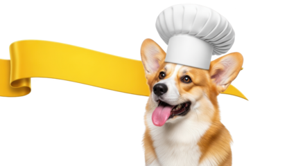 Adorable Corgi Chef Dog with Yellow Banner creative illustration featuring yellow, panting, food, cooking, hat, scroll