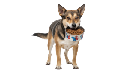Adorable Dog Carrying Its Own Food Bowl creative illustration featuring appetite, bowl, food, puppy,