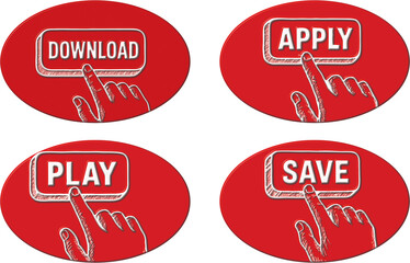 Apply, play, save and download buttons being pushed by finger. Easy to reuse on apps and sites.
