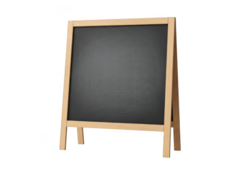 A rustic wooden a frame chalkboard easel with a blank dark writing surface isolated on transparent background