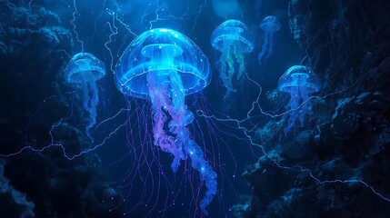 Bioluminescent jellyfish drift through the dark ocean depths, their ethereal glow illuminating the mysterious underwater world.
