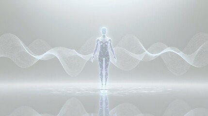 A translucent human figure stands centered against a bright, ethereal background with flowing wave-like patterns.