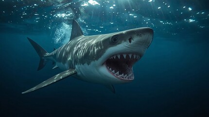 Fototapeta premium Majestic great white shark with open jaws glides through deep blue ocean water, sunbeams piercing the surface