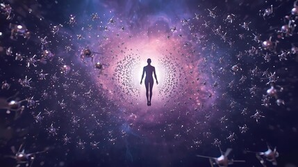 A solitary figure ascends amidst a swirling galaxy, surrounded by a fleet of spacecraft.