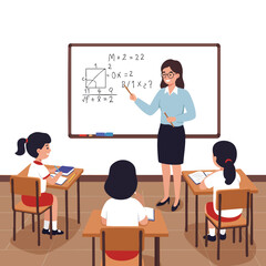 illustration of a female teacher standing in front of a whiteboard.