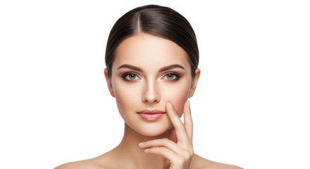 Beautiful Woman Touching Face Portrait creative illustration featuring delicate, skin, smooth, face, glamour, hair design concept for