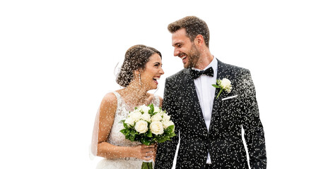 Beautiful wedding couple laughing together under a shower of rice confetti creative illustration featuring party, husband, background, lifestyle,