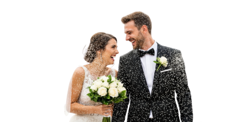 Beautiful wedding couple laughing together under a shower of rice confetti creative illustration featuring party, husband, background, lifestyle,
