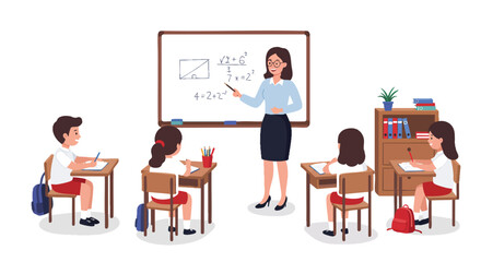 illustration of a female teacher standing in front of a whiteboard.