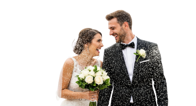 Beautiful wedding couple laughing together under a shower of rice confetti creative illustration featuring party, husband, background, lifestyle,