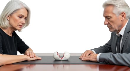 Broken Egg Symbolizing Relationship Problems creative illustration featuring feeling, senior, broken, woman, relationship, end design