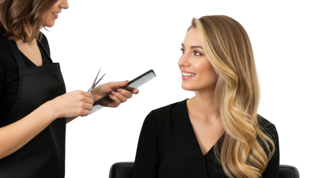 Blonde Woman Smiling at Hair Stylist in a Beauty Salon creative illustration featuring woman, comb,