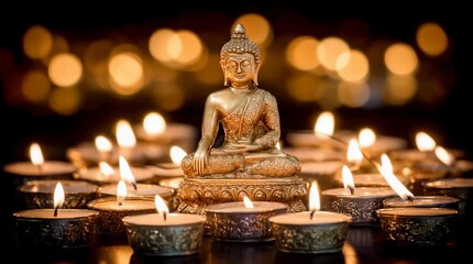 Serene Golden Buddha Statue Surrounded by Flickering Candle Lights at Dusk.