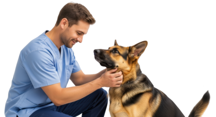 Caring male veterinarian petting a German Shepherd dog creative illustration featuring companion, young, medicine,